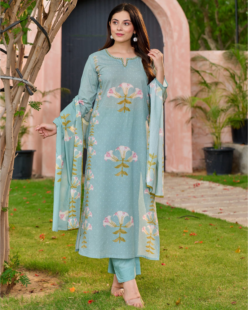 Turquoise Blue Lilies Bloom Cotton Suit