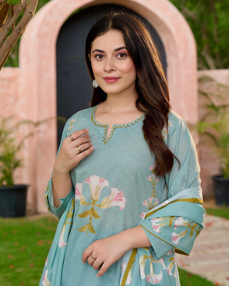 Turquoise Blue Lilies Bloom Cotton Suit