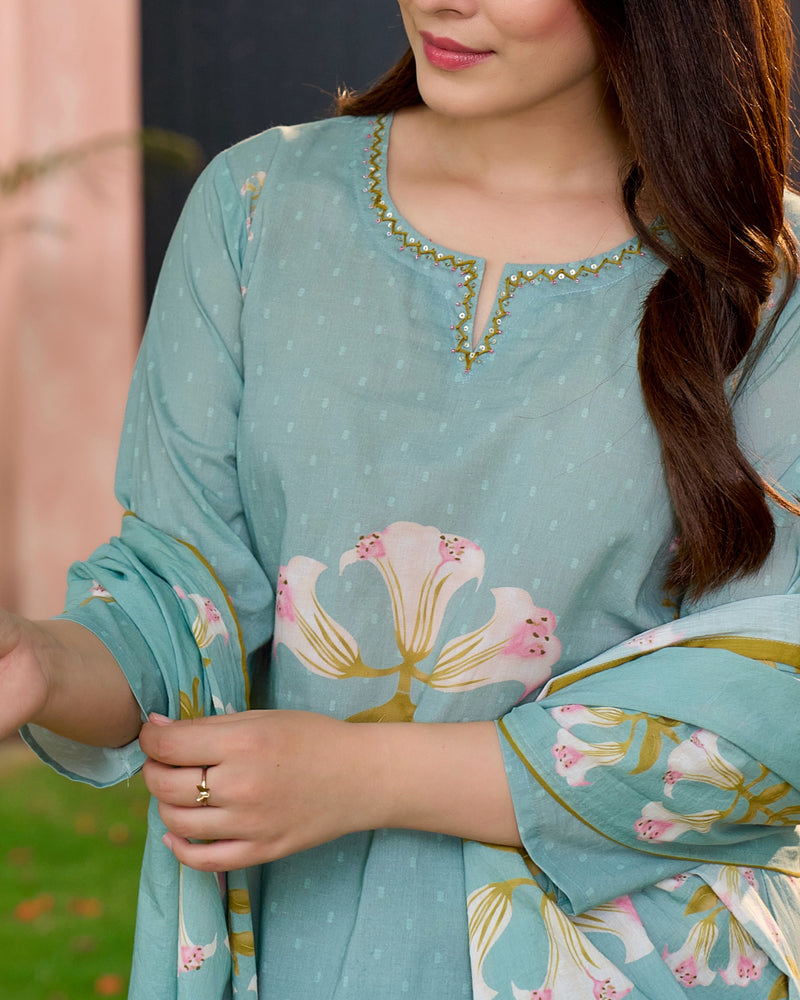 Turquoise Blue Lilies Bloom Cotton Suit