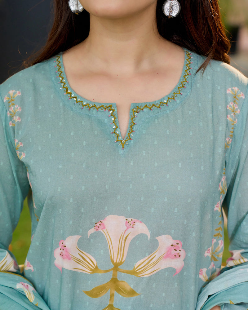 Turquoise Blue Lilies Bloom Cotton Suit