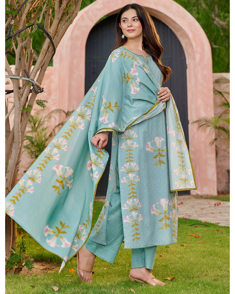 Turquoise Blue Lilies Bloom Cotton Suit