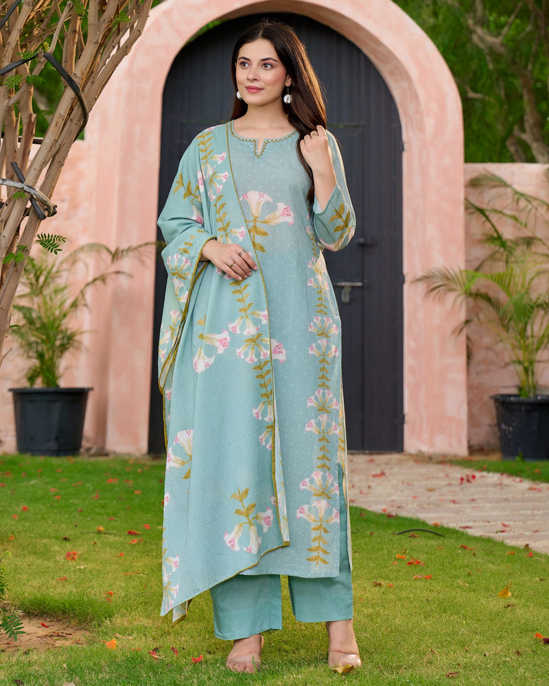 Turquoise Blue Lilies Bloom Cotton Suit
