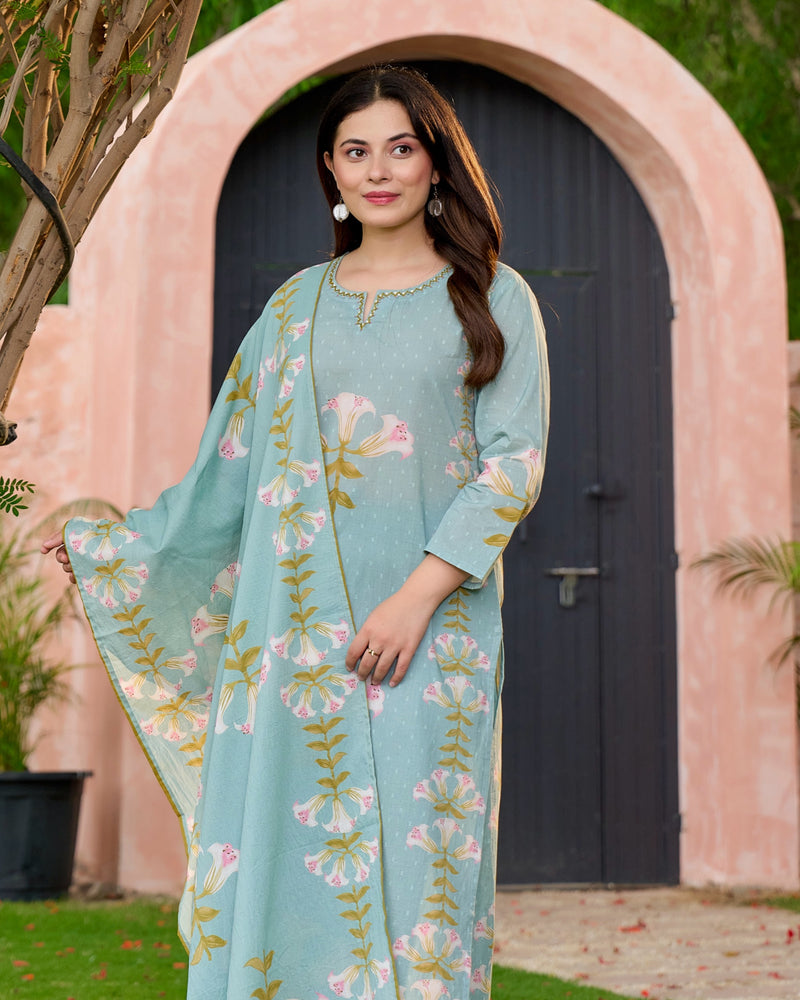Turquoise Blue Lilies Bloom Cotton Suit