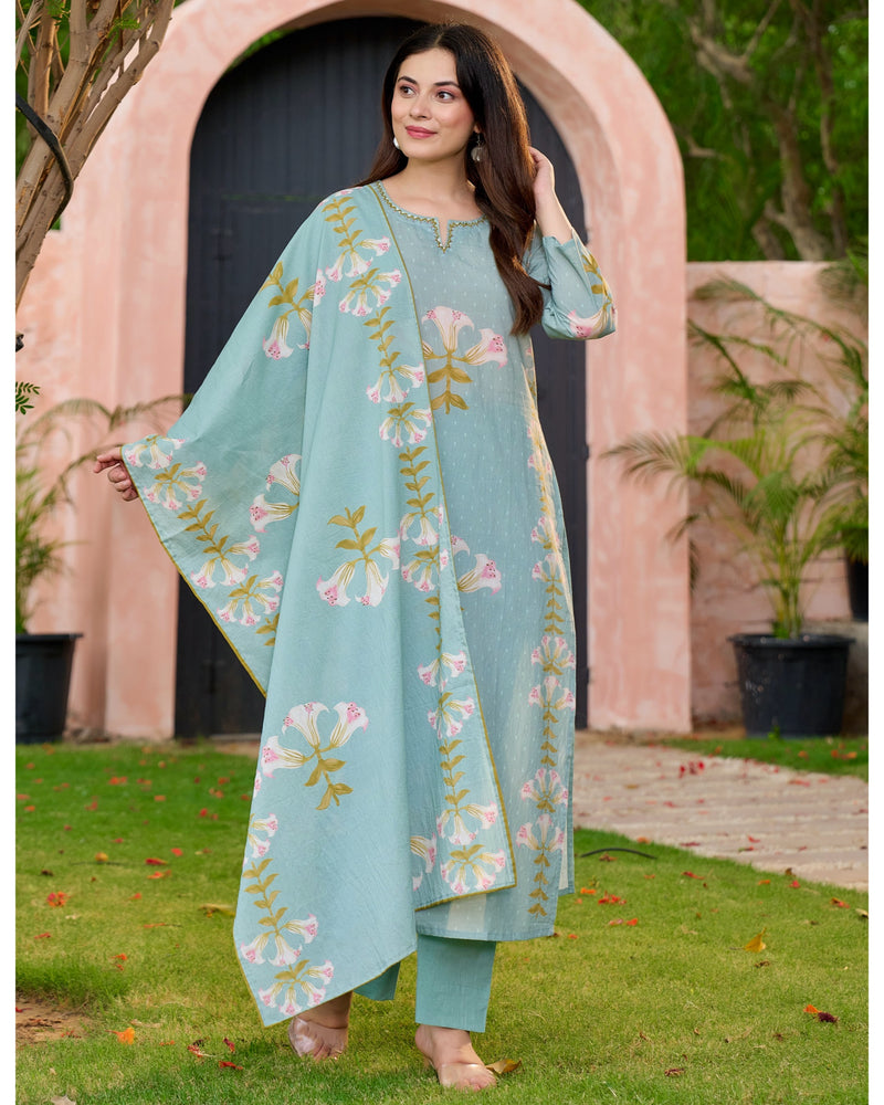 Turquoise Blue Lilies Bloom Cotton Suit