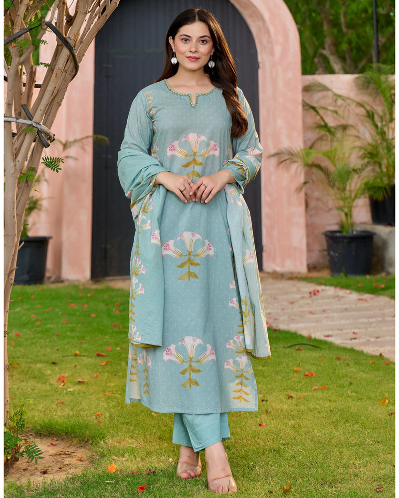 Turquoise Blue Lilies Bloom Cotton Suit