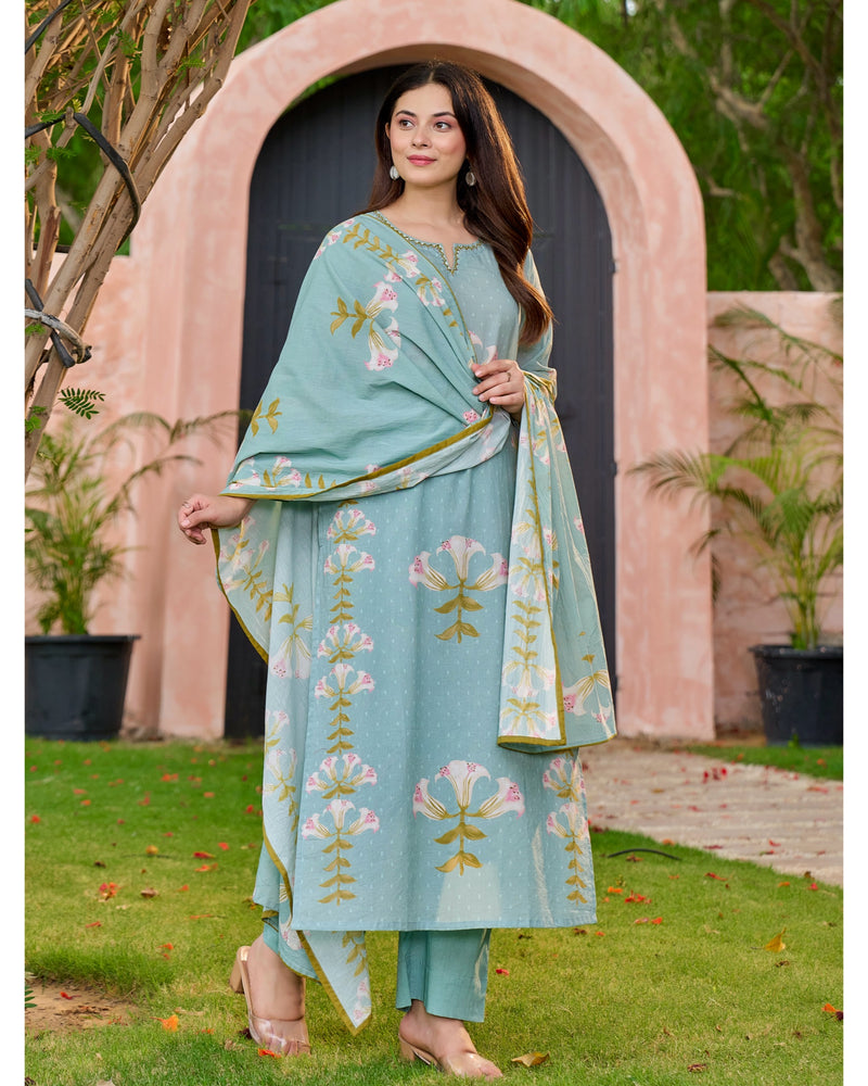 Turquoise Blue Lilies Bloom Cotton Suit