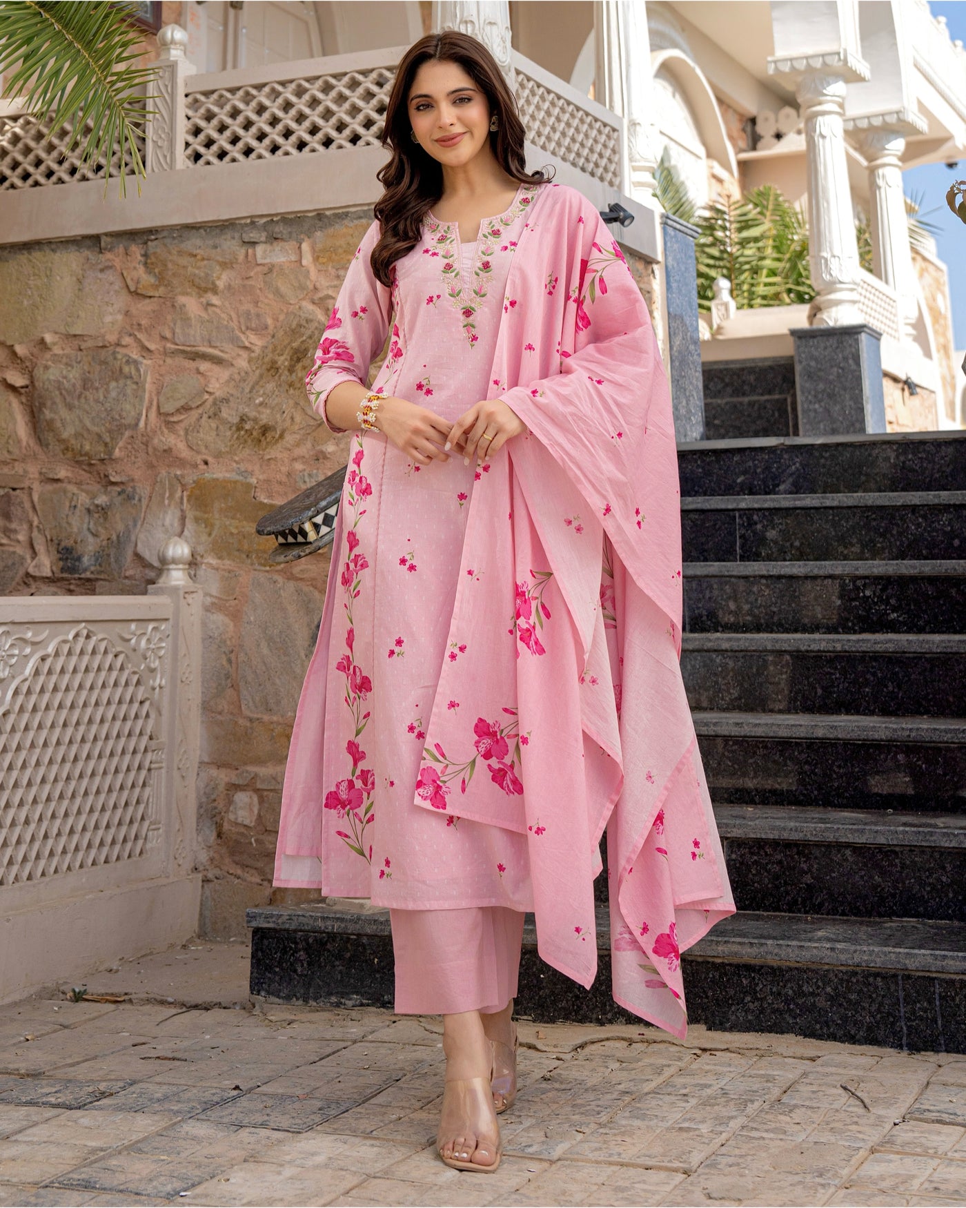 Pink Bloom Floral Handwork Premium Cotton Suit