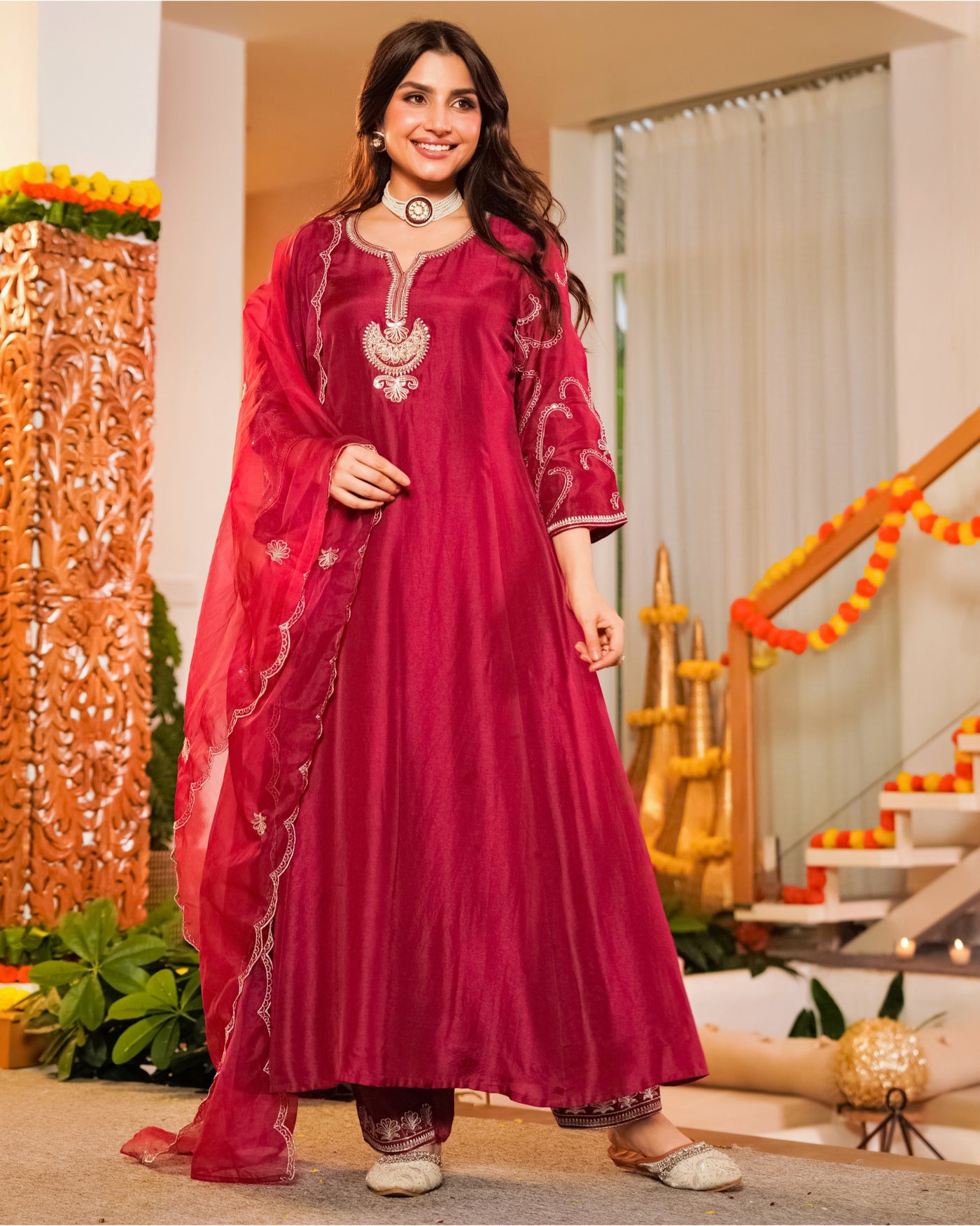 Crimson Handwork Chanderi Silk A Line Festive Suit
