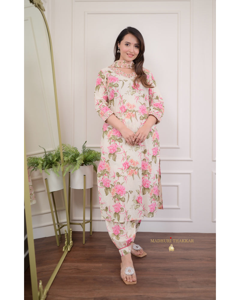 Ivory Floral Mul Cotton Afghani Suit