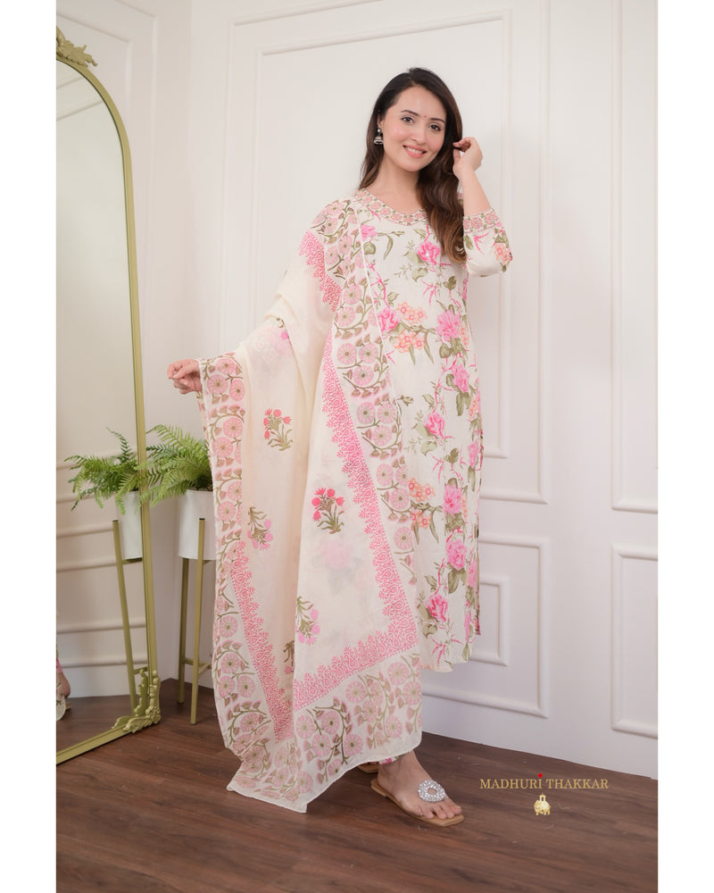 Ivory Floral Mul Cotton Afghani Suit