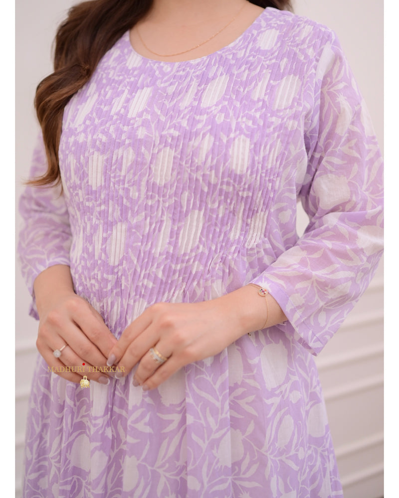 Lilac Floral A Line Mul Cotton Kurti