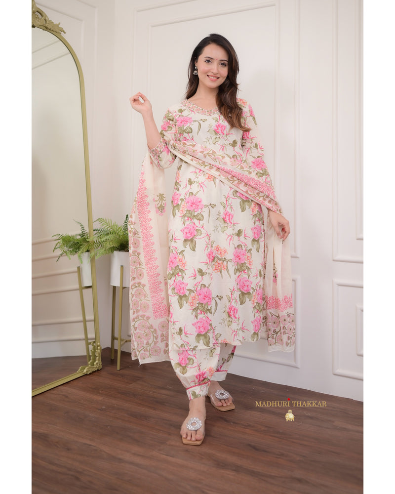 Ivory Floral Mul Cotton Afghani Suit