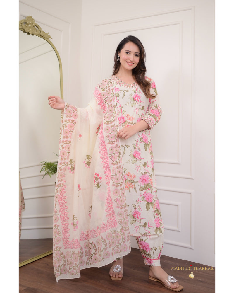 Ivory Floral Mul Cotton Afghani Suit