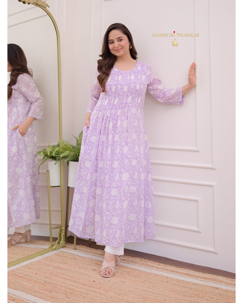 Lilac Floral A Line Mul Cotton Kurti