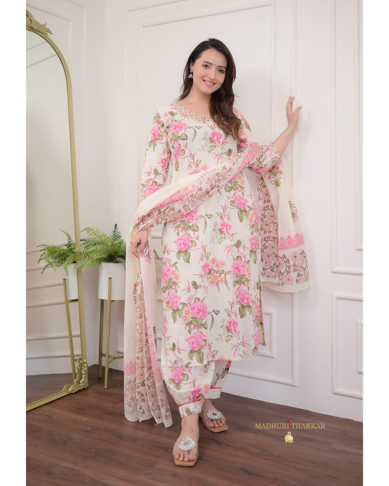 Ivory Floral Mul Cotton Afghani Suit