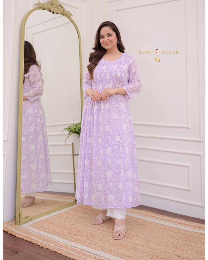 Lilac Floral A Line Mul Cotton Kurti