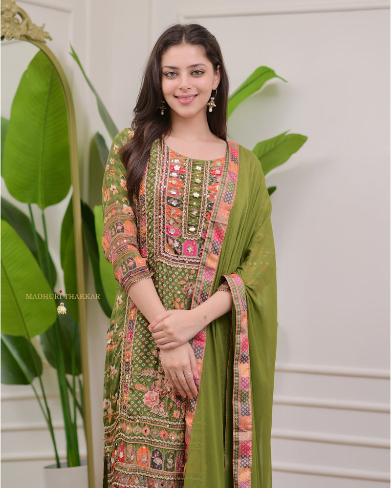 Mehendi Green Handwork Patchprint Palazzo Suit