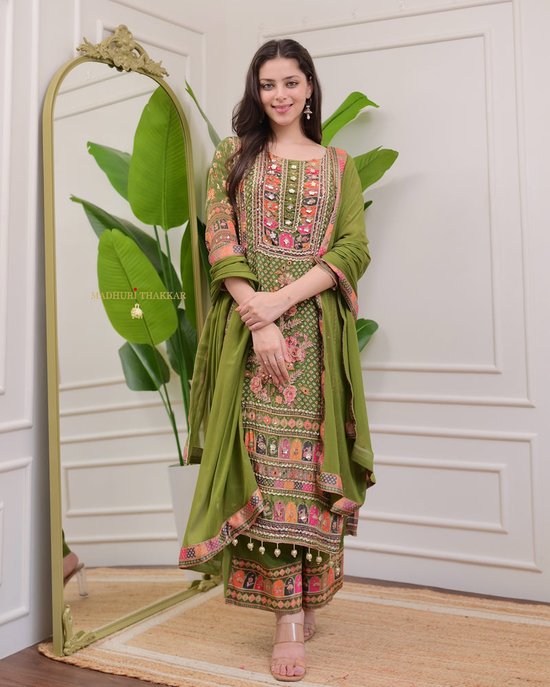 Mehendi Green Handwork Patchprint Palazzo Suit