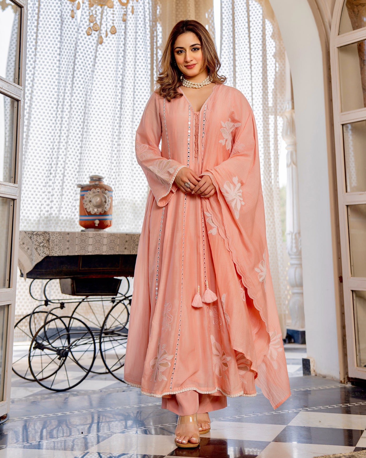 Rosy Peach Gulbahar Mul Chanderi A Line Festive Suit