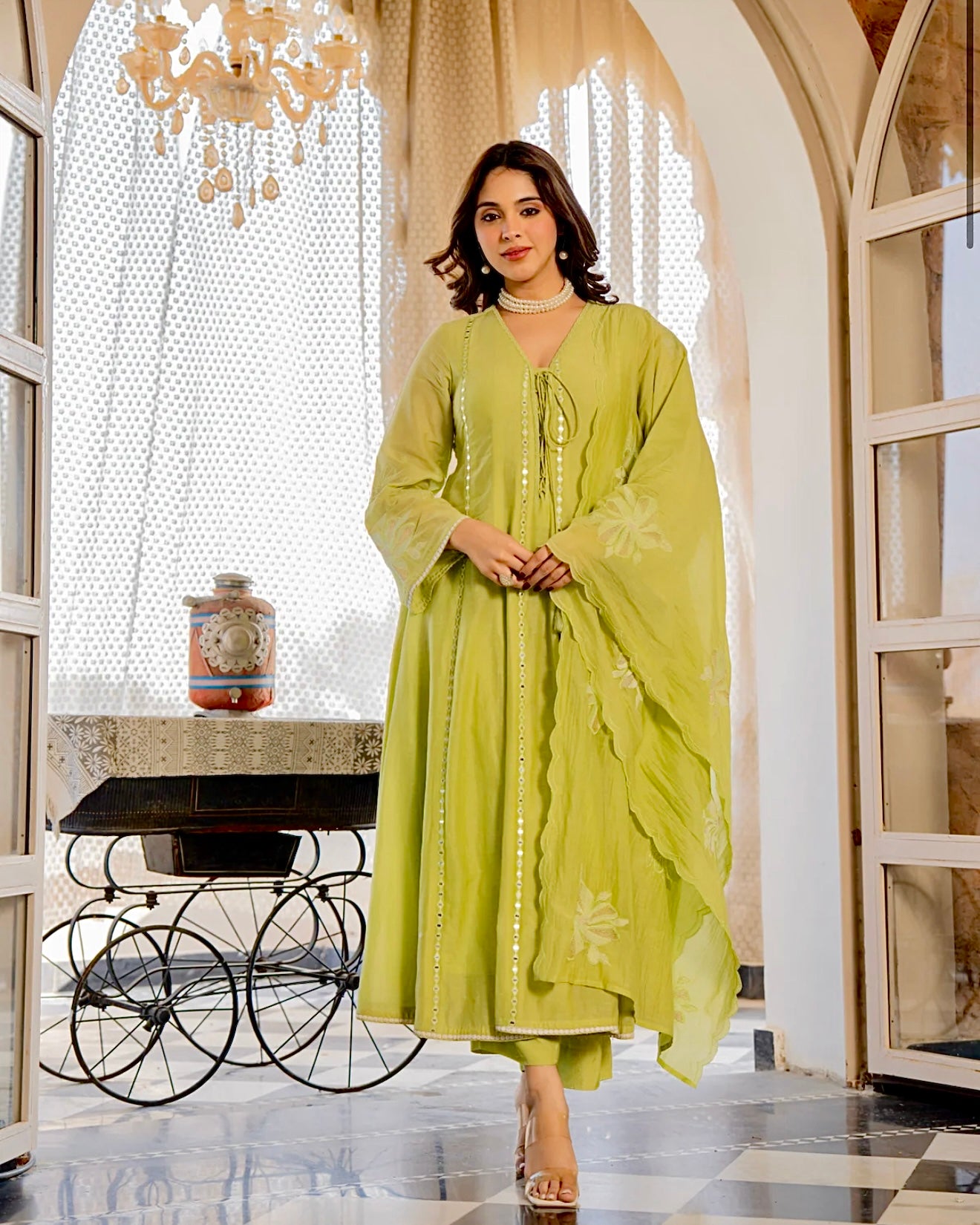 Lime Zahra Gulbahar Mul Chanderi A Line Festive Suit