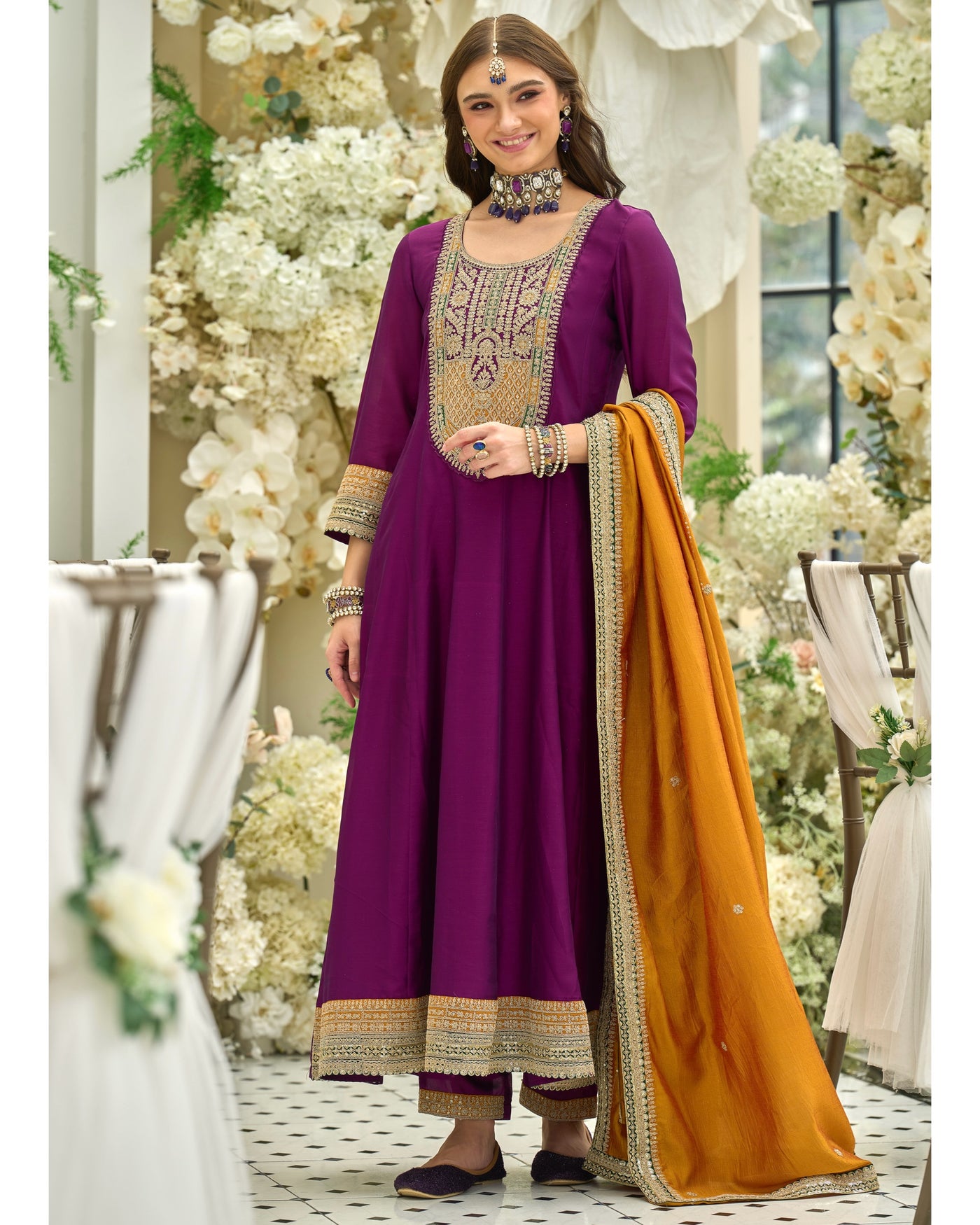 Mehru Plum Silk Handwork Festive Anarkali Suit