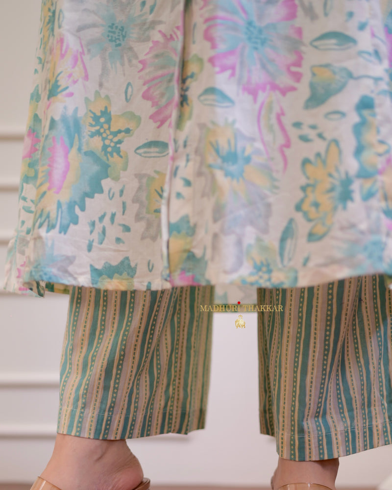 Powder Blue Floral Cotton A Line Kurta Set