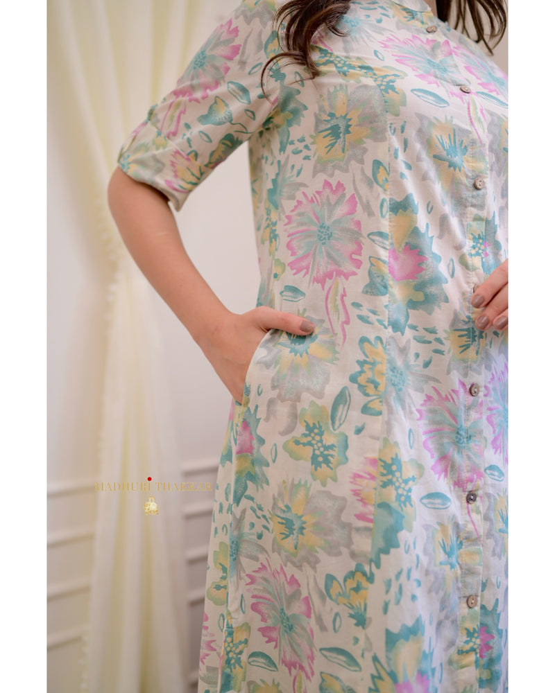 Powder Blue Floral Cotton A Line Kurta Set