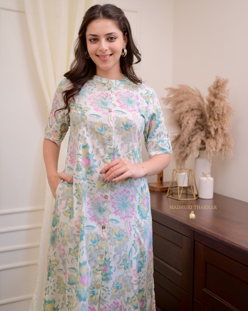 Powder Blue Floral Cotton A Line Kurta Set