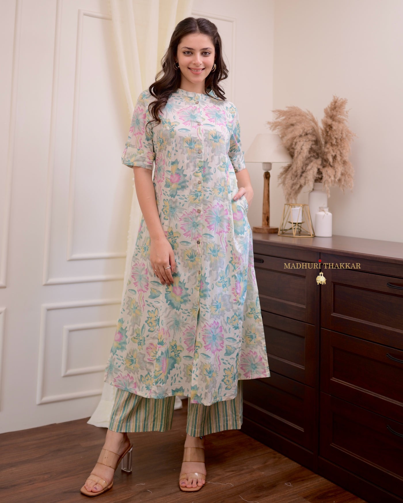 Powder Blue Floral Cotton A Line Kurta Set