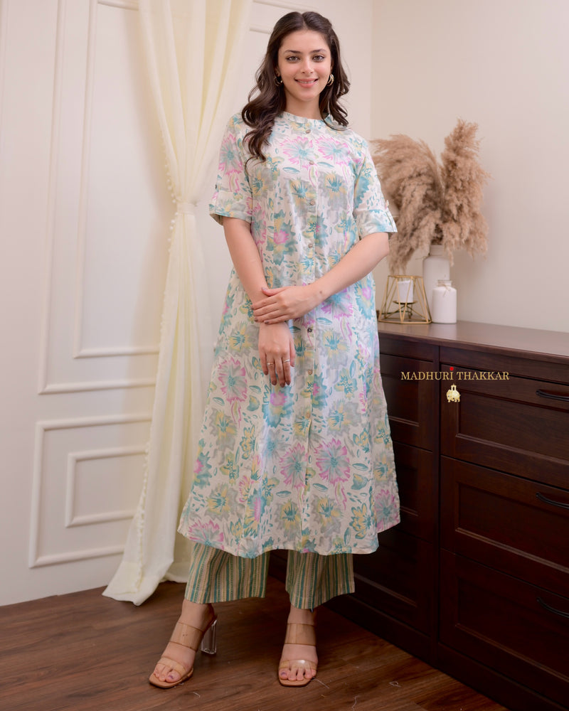 Powder Blue Floral Cotton A Line Kurta Set