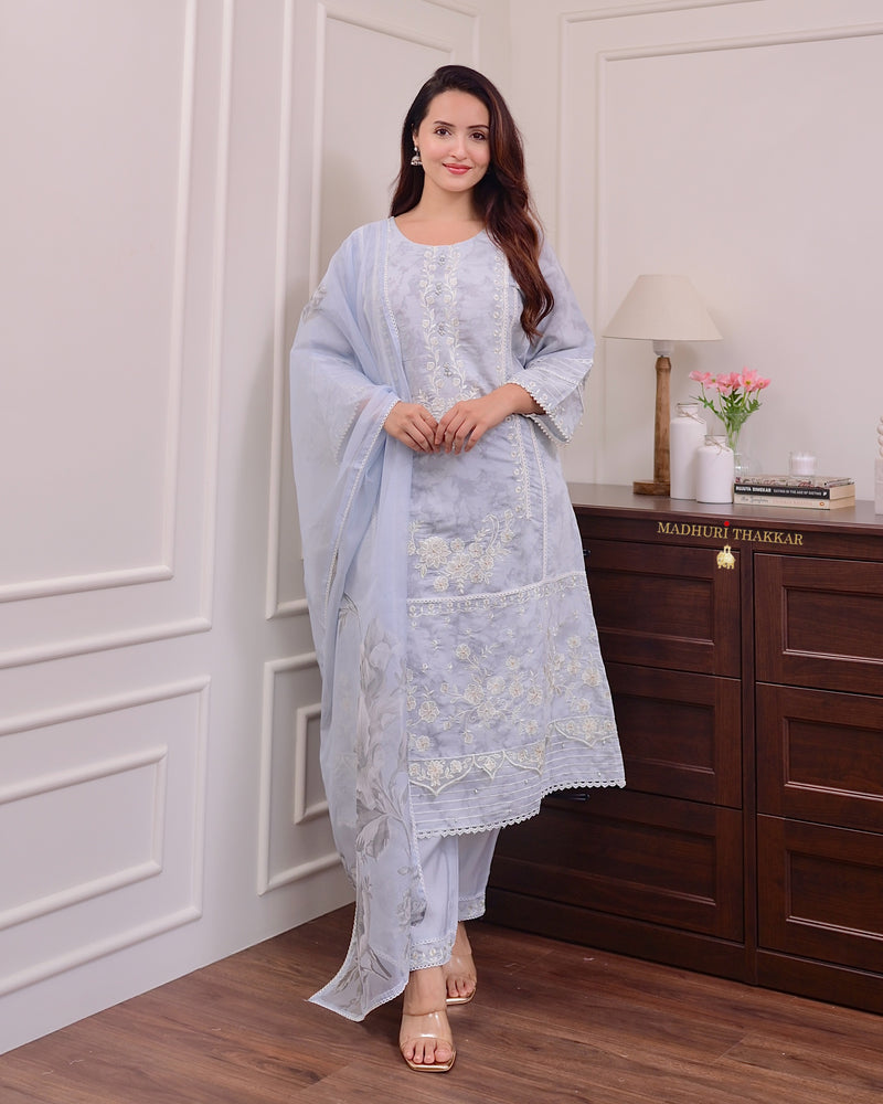 Powder Blue Threadwork Pakistani Cotton Suit