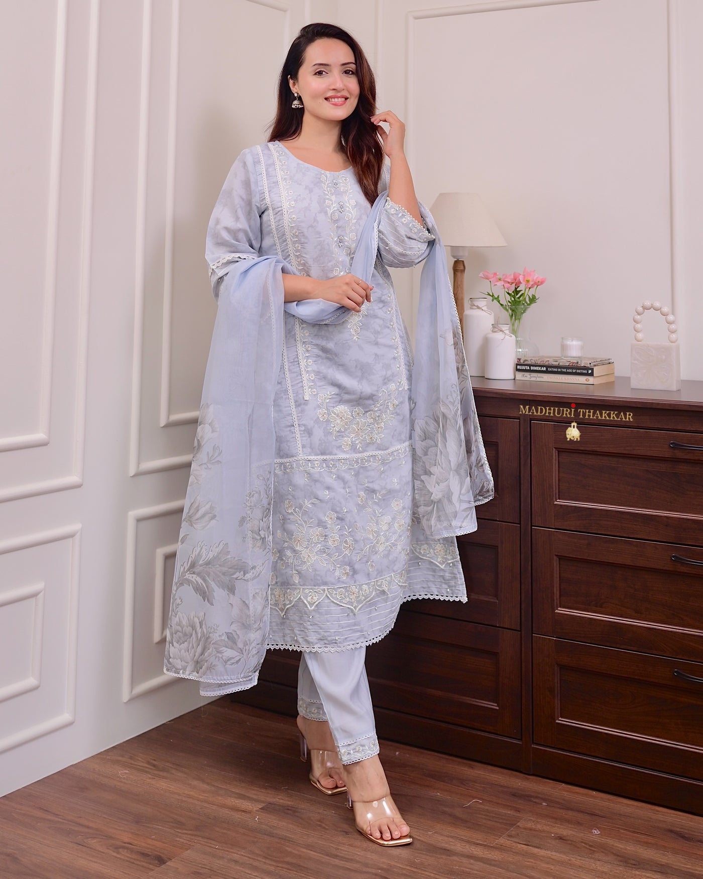 Powder Blue Threadwork Pakistani Cotton Suit