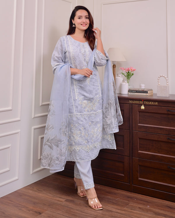 Powder Blue Threadwork Pakistani Cotton Suit
