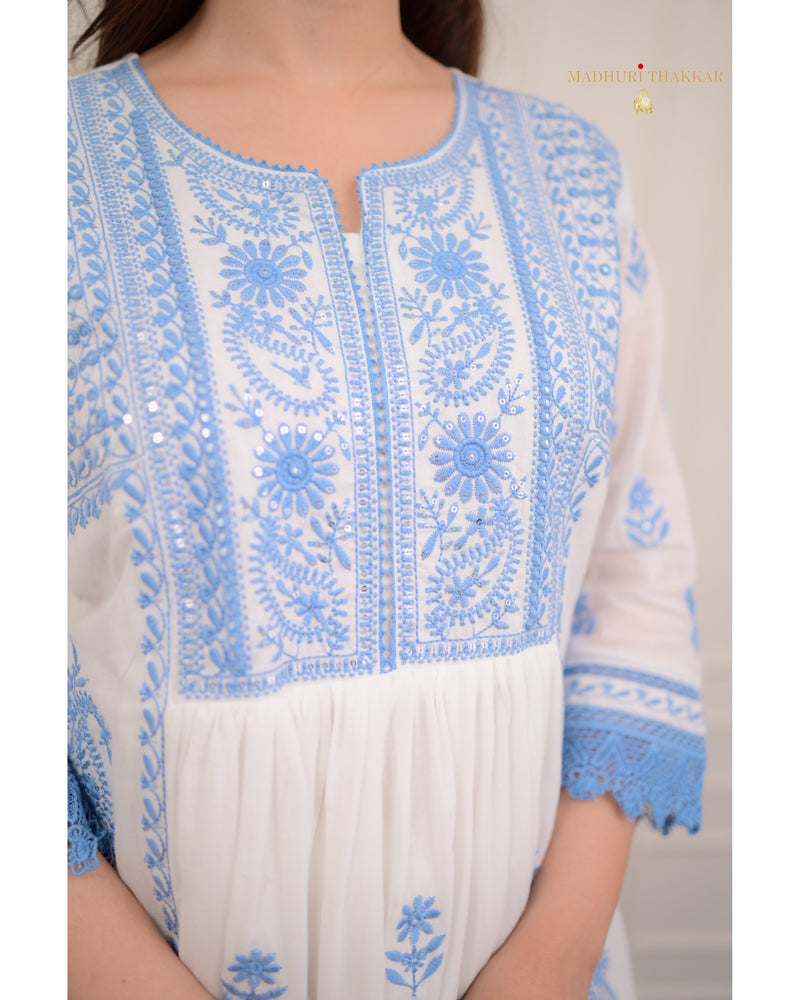 White Blue Chikankari Mul Cotton Anarkali Suit