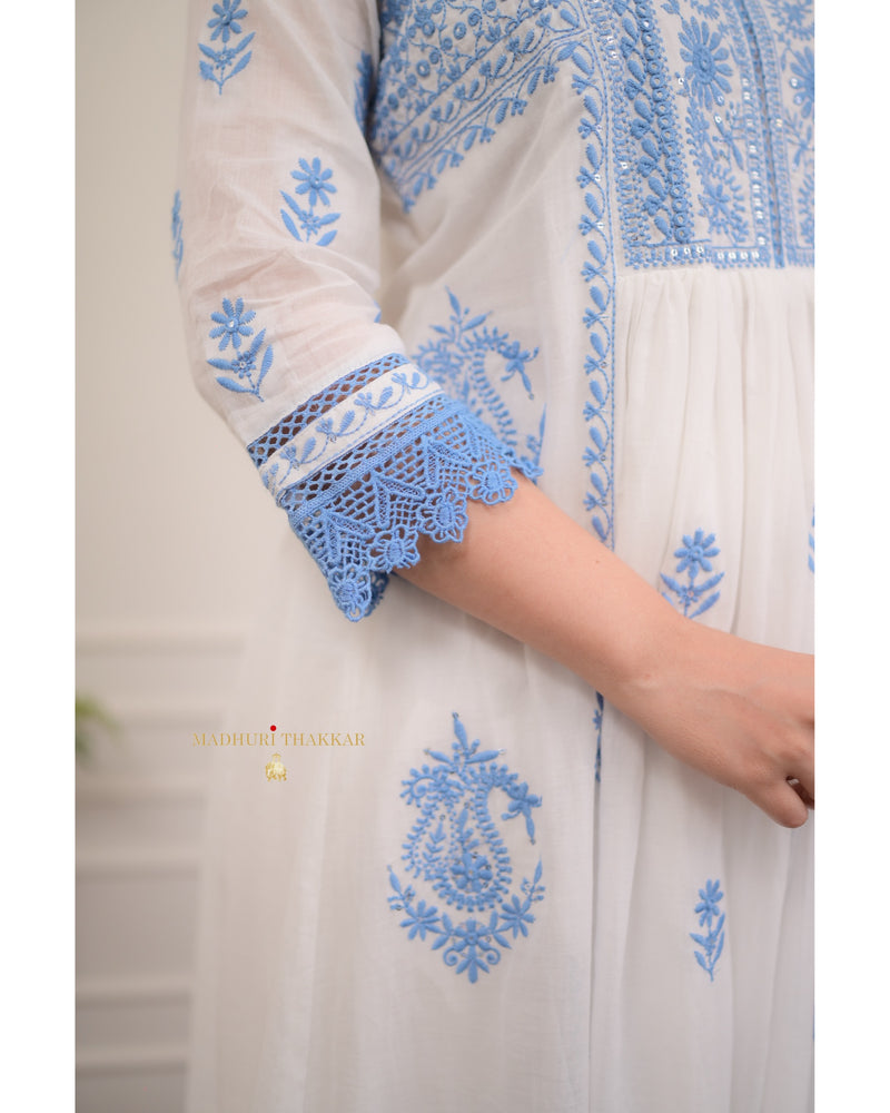 White Blue Chikankari Mul Cotton Anarkali Suit