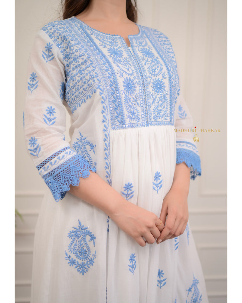 White Blue Chikankari Mul Cotton Anarkali Suit