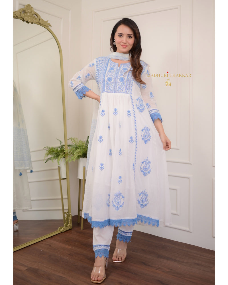 White Blue Chikankari Mul Cotton Anarkali Suit