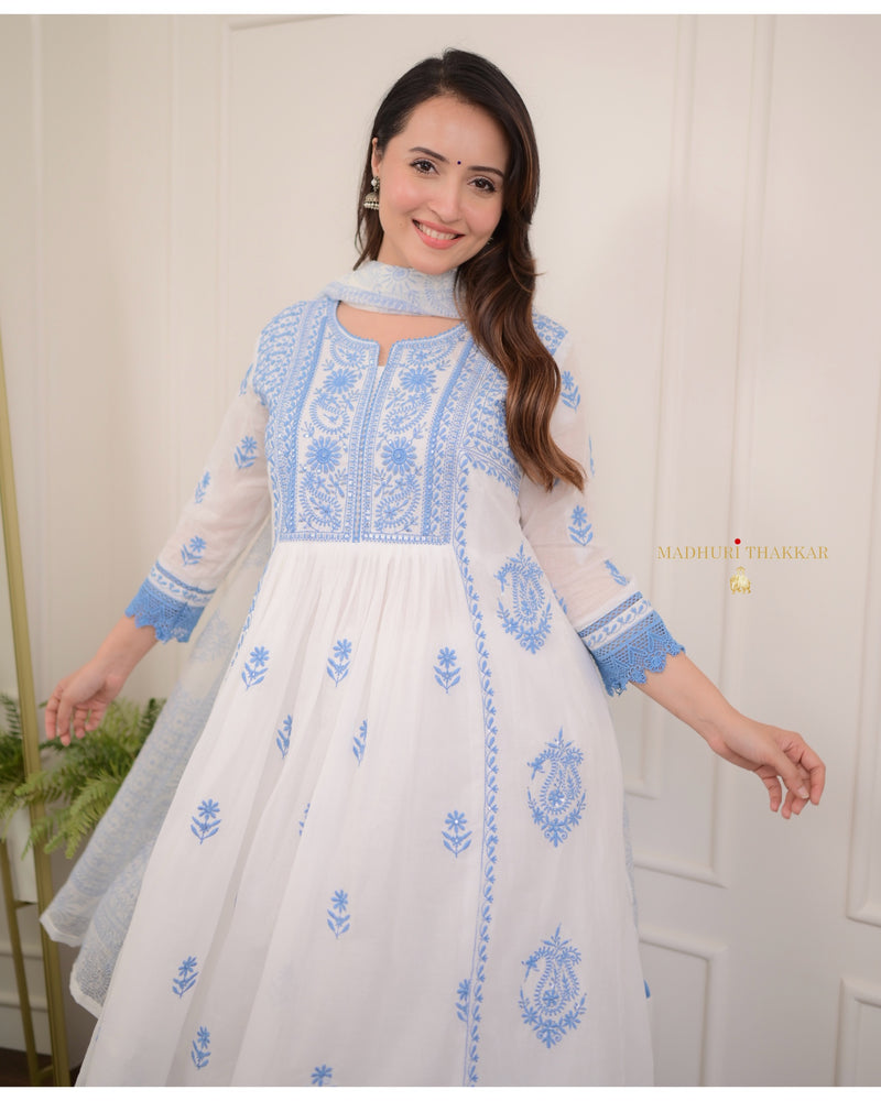 White Blue Chikankari Mul Cotton Anarkali Suit