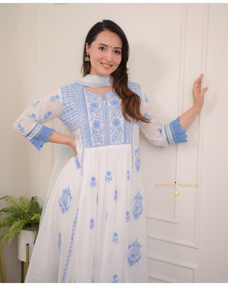 White Blue Chikankari Mul Cotton Anarkali Suit