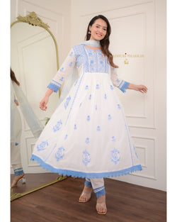 White Blue Chikankari Mul Cotton Anarkali Suit