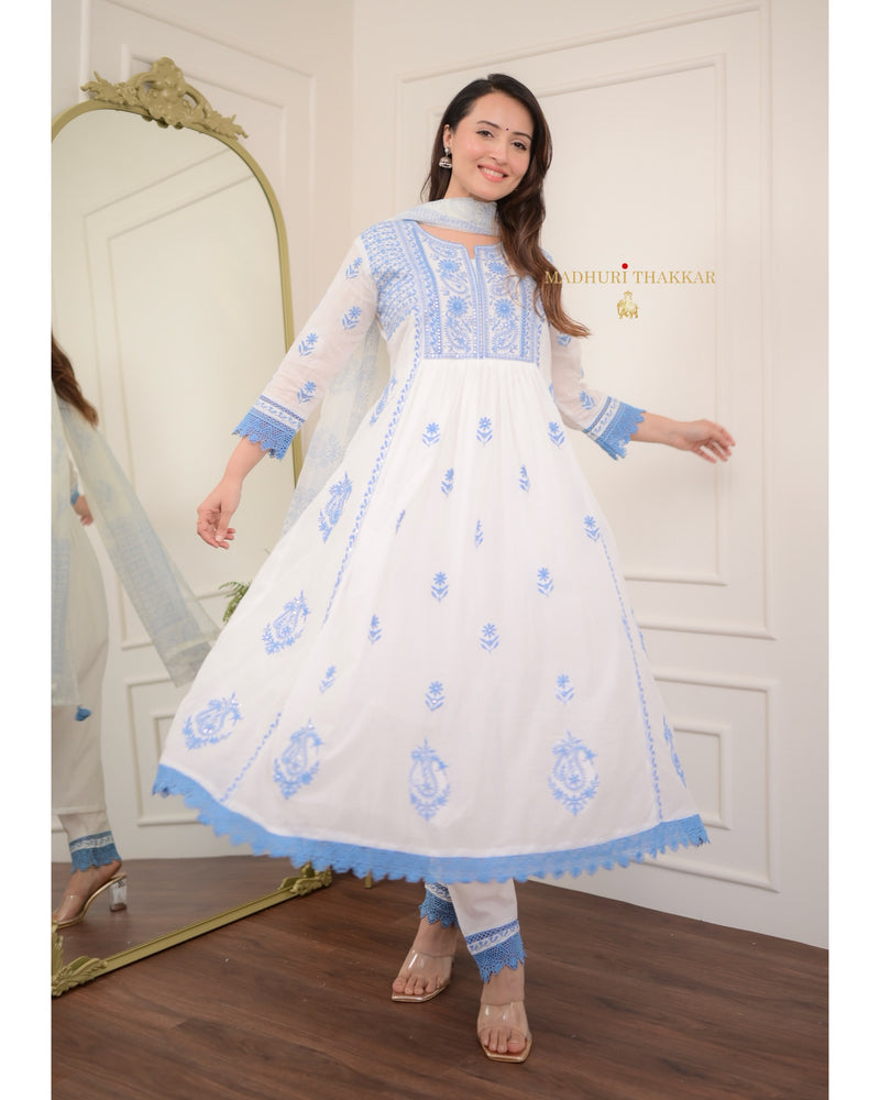White Blue Chikankari Mul Cotton Anarkali Suit