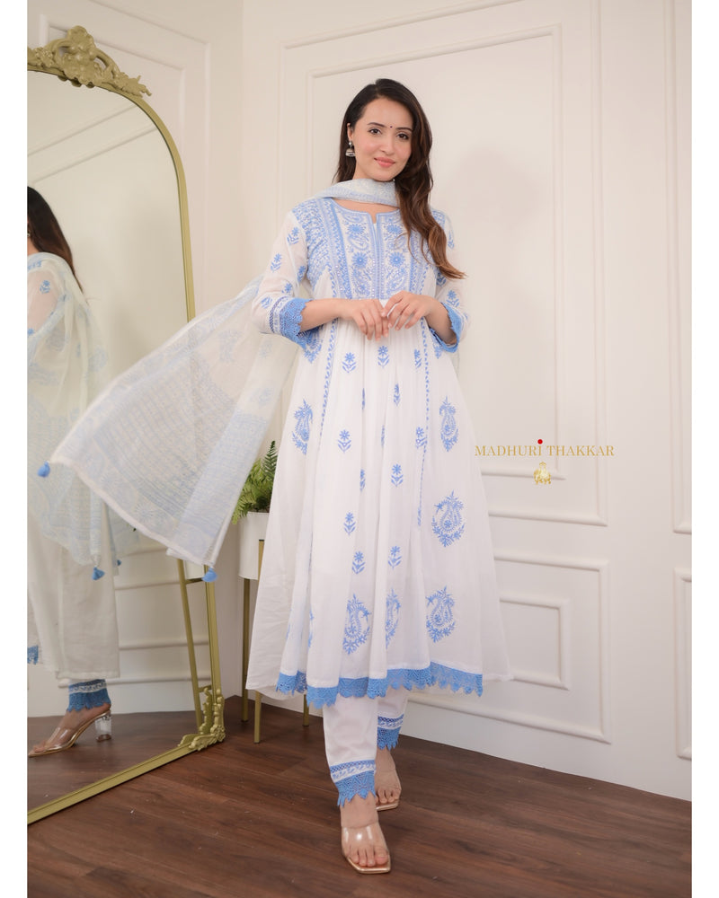 White Blue Chikankari Mul Cotton Anarkali Suit