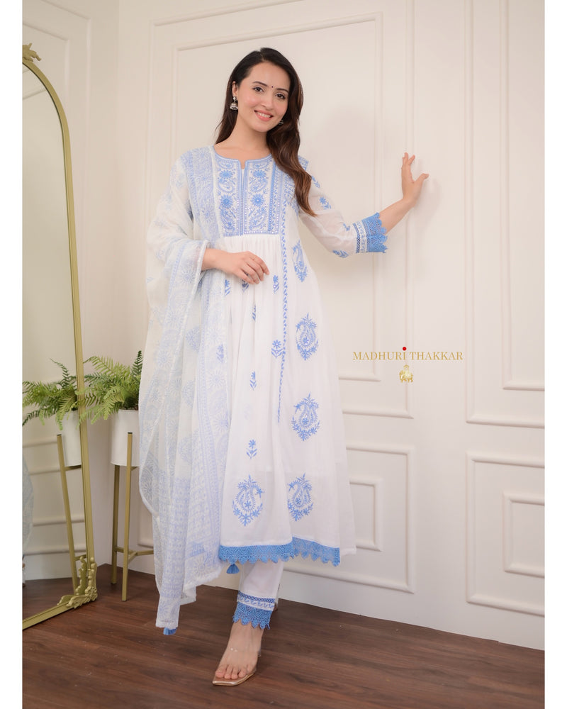 White Blue Chikankari Mul Cotton Anarkali Suit