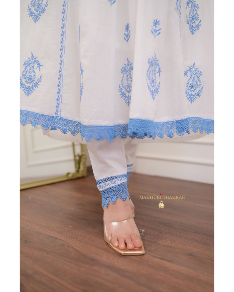 White Blue Chikankari Mul Cotton Anarkali Suit