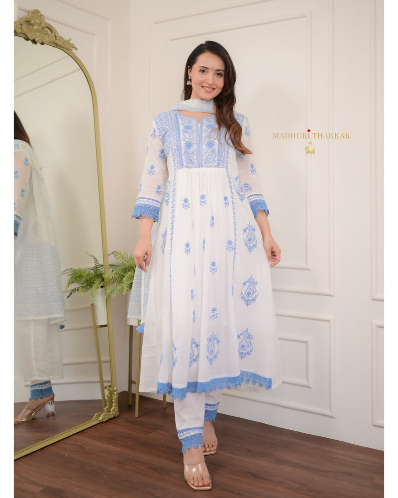 White Blue Chikankari Mul Cotton Anarkali Suit