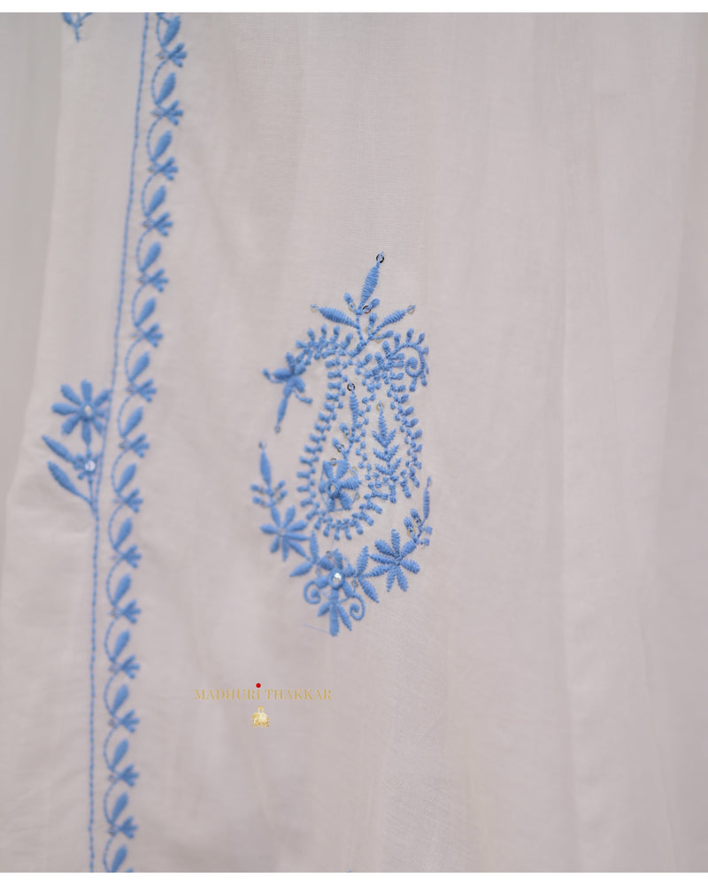 White Blue Chikankari Mul Cotton Anarkali Suit