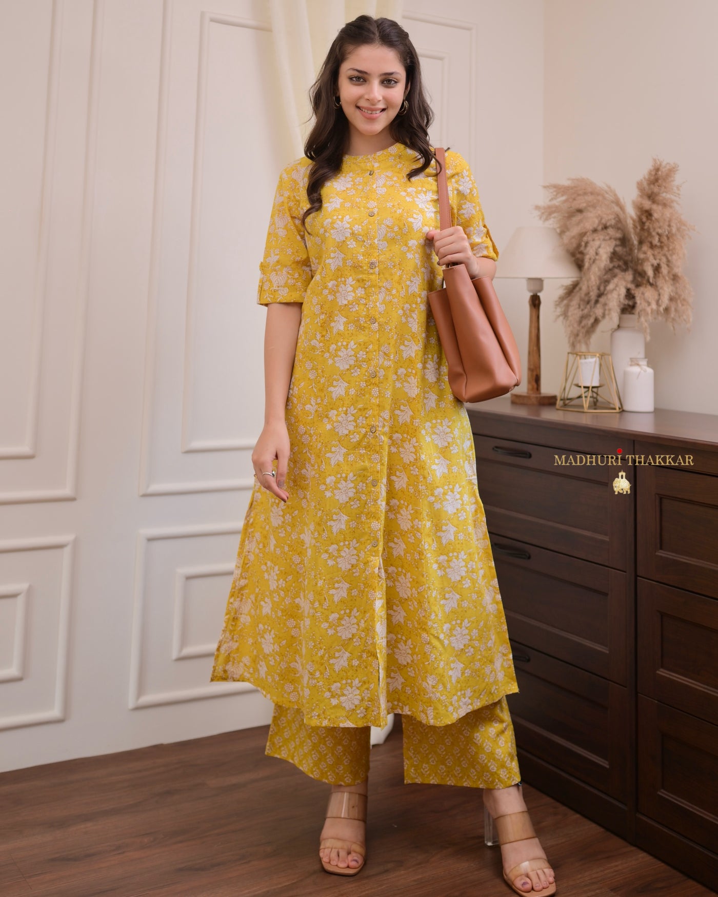 Yellow Autumn Floral Cotton A Line Kurta Set