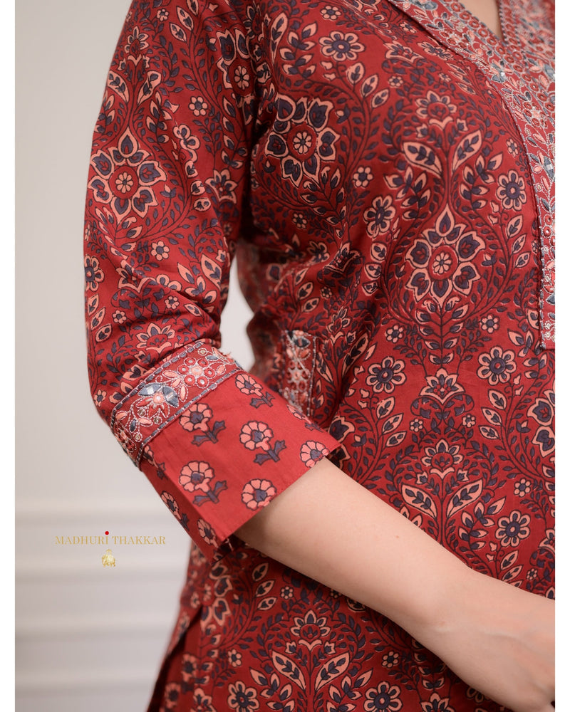 Maroon Printed Cotton Afghani Suit