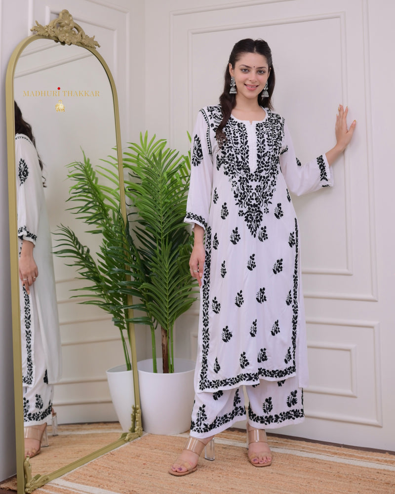 White Cotton Chikankari Kurta Palazzo Set