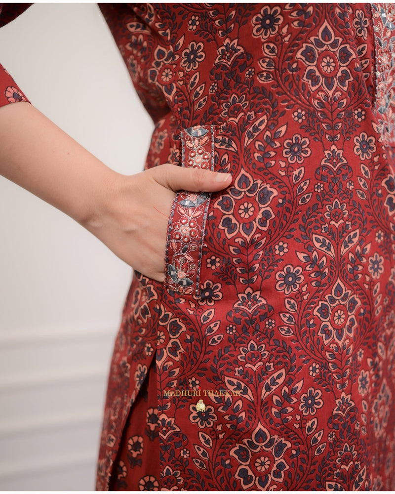 Maroon Printed Cotton Afghani Suit